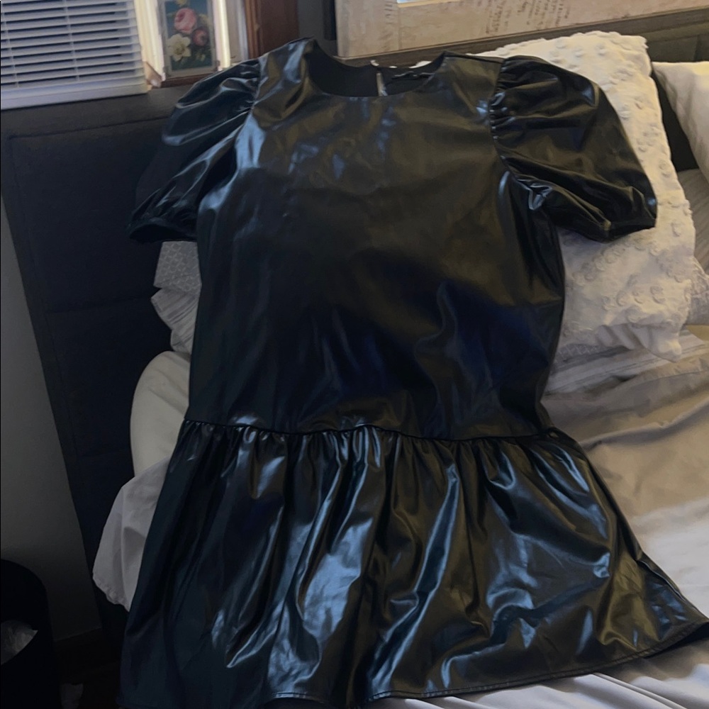 English Factory Shiny Black Puff Sleeve Dress